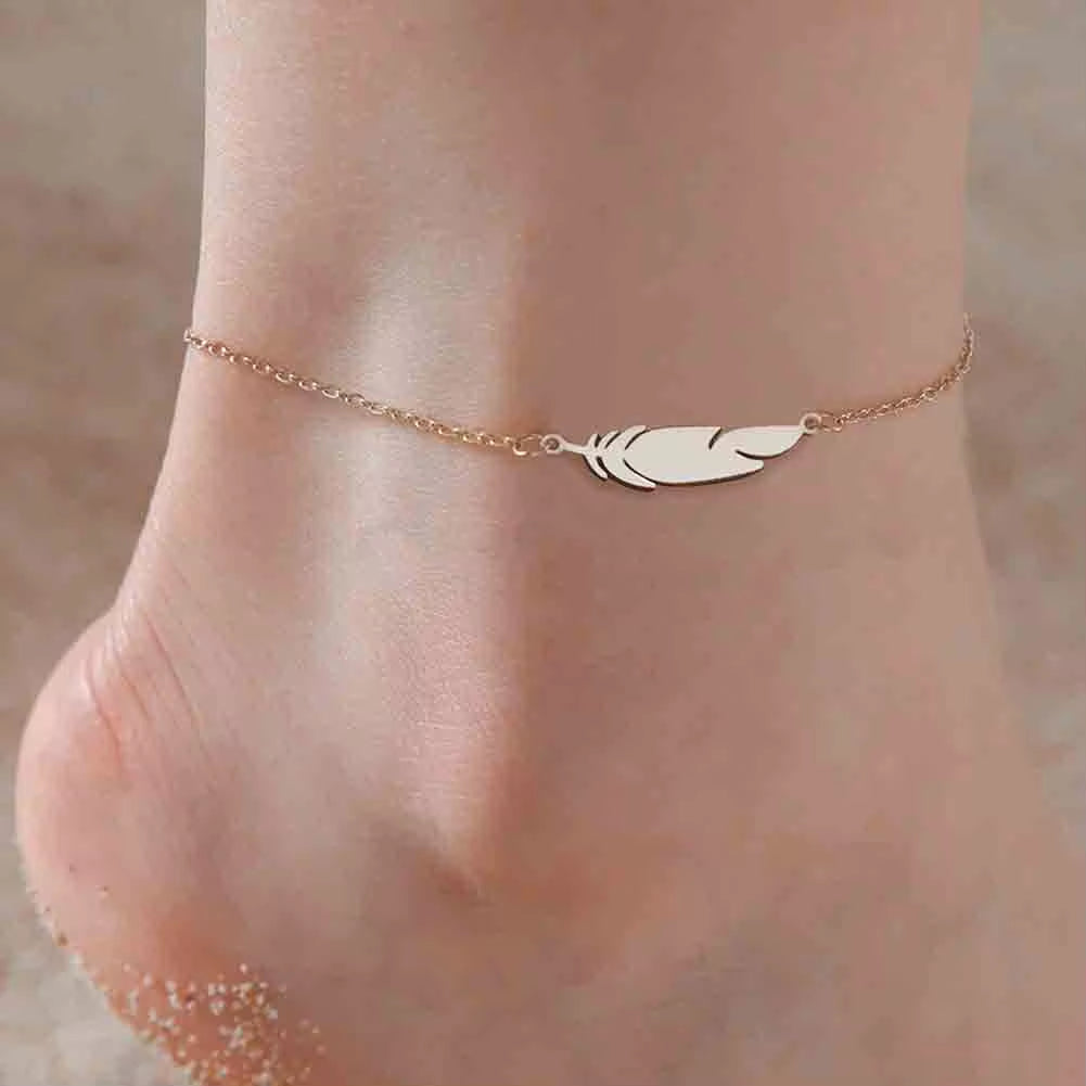 Chaines de cheville plume en acier inoxydable couleur or et argent