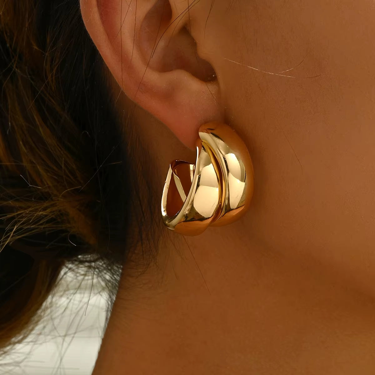 Stainless Steel Chunky Hoop Earrings for Women Girls Gold Color Double Ring Thick Geometric Drop Earrings Statement Jewelry Gift