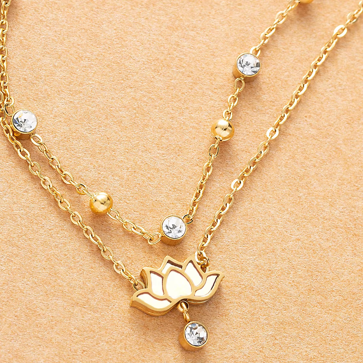 Chaines de cheville en acier inoxydable multicouche pendentif Lotus rose et blanc
