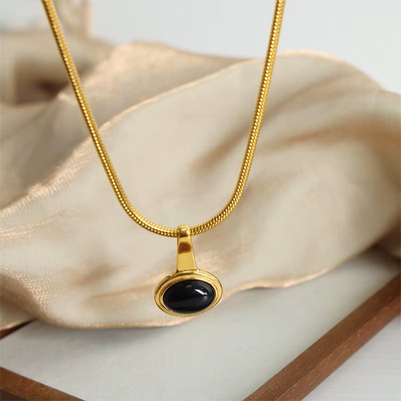 Stainless Steel Snake Bone Chain Necklace Women Black Glass Bead Pendant Girl Aesthetic Necklace Neogothic Jewelry Accessories