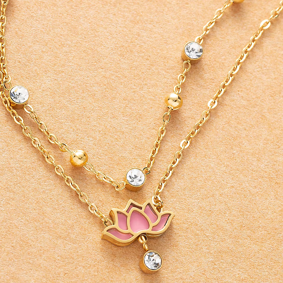 Chaines de cheville en acier inoxydable multicouche pendentif Lotus rose et blanc