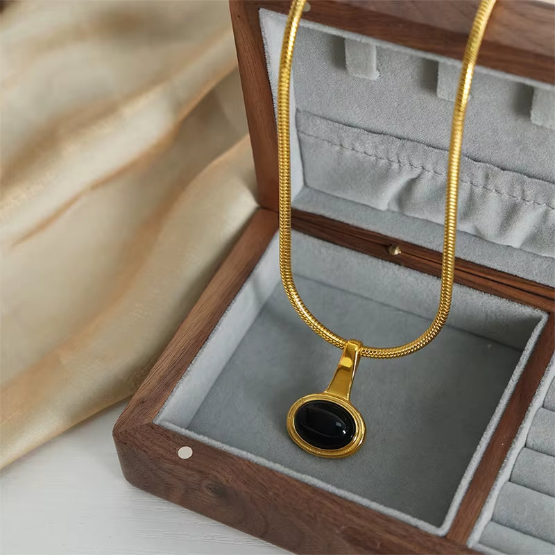 Stainless Steel Snake Bone Chain Necklace Women Black Glass Bead Pendant Girl Aesthetic Necklace Neogothic Jewelry Accessories