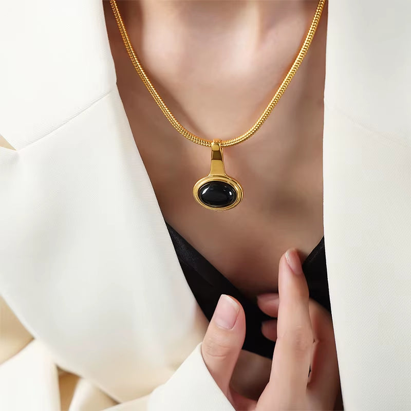 Stainless Steel Snake Bone Chain Necklace Women Black Glass Bead Pendant Girl Aesthetic Necklace Neogothic Jewelry Accessories