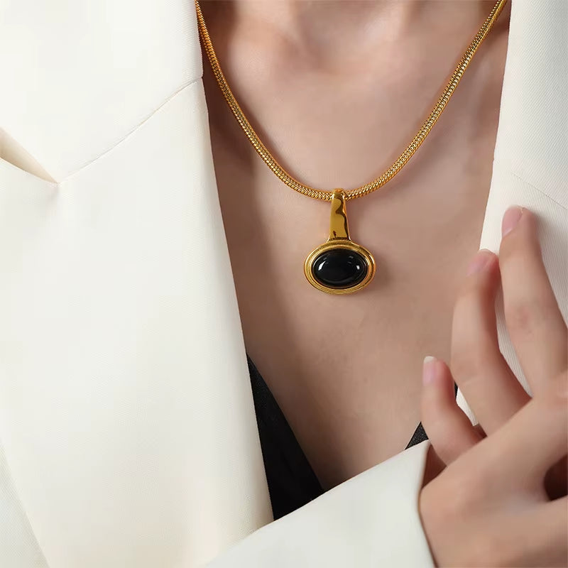 Stainless Steel Snake Bone Chain Necklace Women Black Glass Bead Pendant Girl Aesthetic Necklace Neogothic Jewelry Accessories