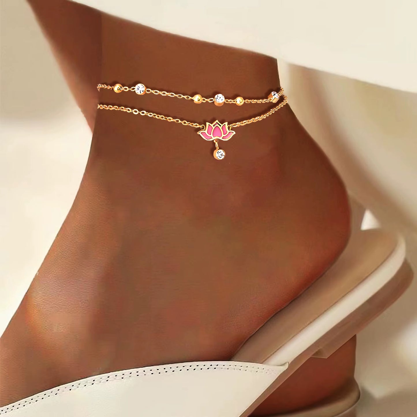 Chaines de cheville en acier inoxydable multicouche pendentif Lotus rose et blanc