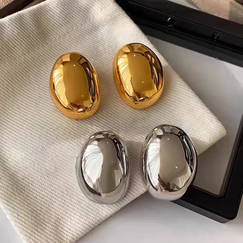 Stainless Steel Smooth Big Oval Stud Earrings for Women 2024 Exaggerated Hollow Ball Geometric Ear Buckle Earring Jewelry Gift