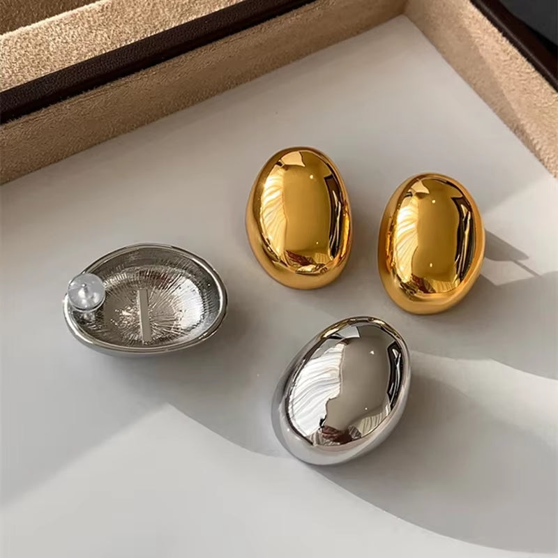 Stainless Steel Smooth Big Oval Stud Earrings for Women 2024 Exaggerated Hollow Ball Geometric Ear Buckle Earring Jewelry Gift