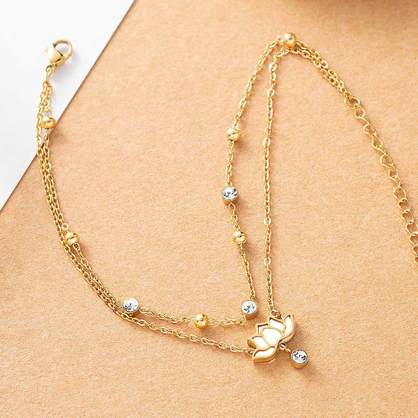 Chaines de cheville en acier inoxydable multicouche pendentif Lotus rose et blanc