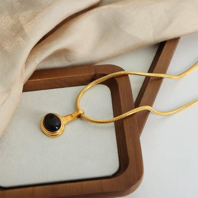 Stainless Steel Snake Bone Chain Necklace Women Black Glass Bead Pendant Girl Aesthetic Necklace Neogothic Jewelry Accessories