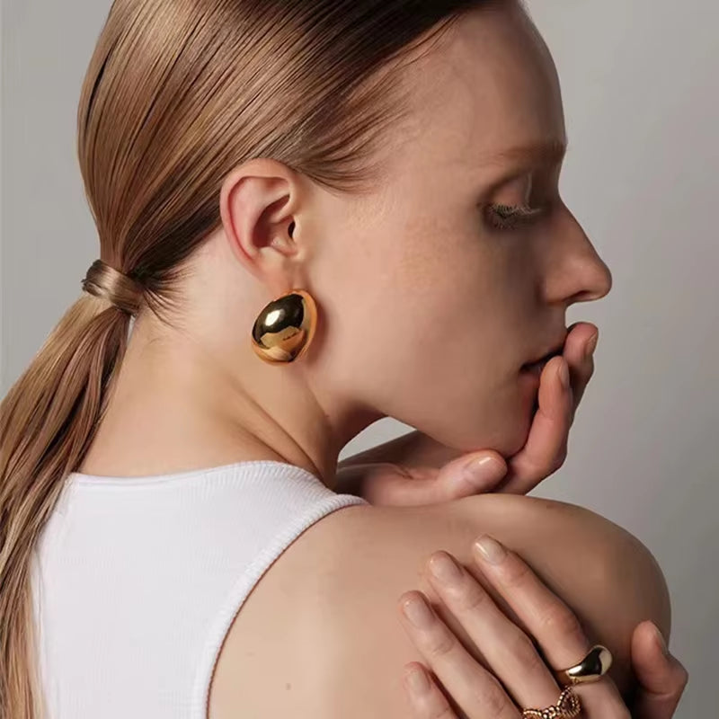 Stainless Steel Smooth Big Oval Stud Earrings for Women 2024 Exaggerated Hollow Ball Geometric Ear Buckle Earring Jewelry Gift