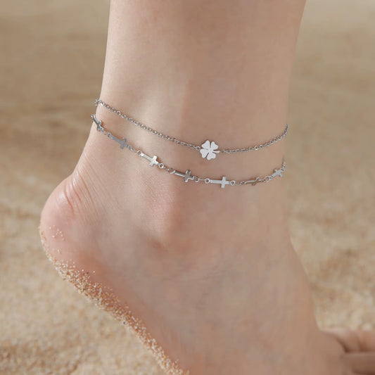 Chaines de cheville plume en acier inoxydable couleur or et argent