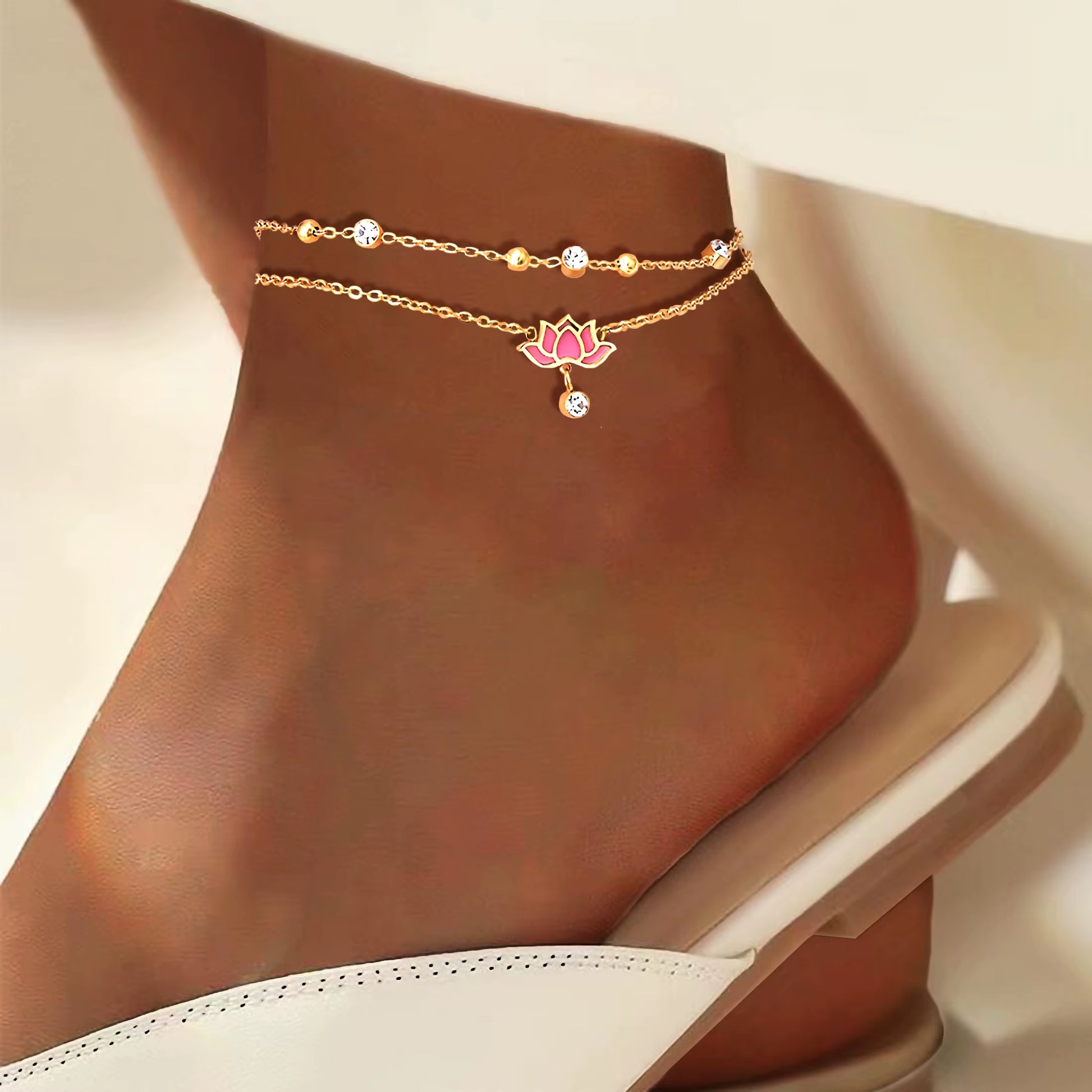 Chaines de cheville en acier inoxydable multicouche pendentif Lotus rose et blanc